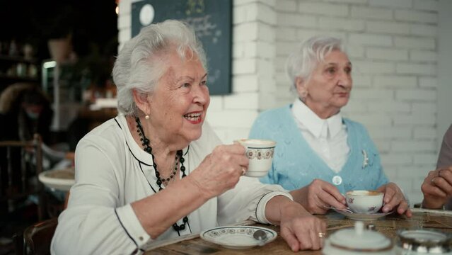 Happy senior friends sitting indoors in cafe drinking coffee or tea, laughing and having nice time together.