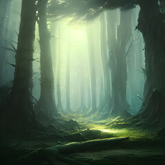 Mysterious forest with large spooky trees. 