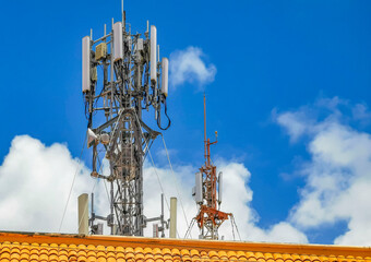 Red white 5G tower radiation in Playa del Carmen Mexico.