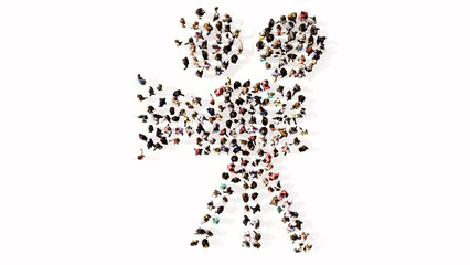 Concept or conceptual large community  of people forming the image of a retro video camera on white background. A 3d illustration metaphor for movie production, television, old motion media recording