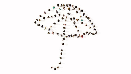 Concept or conceptual large gathering of people forming an image of opened umbrella on white background. A 3d metaphor for protection, security and comfort,  tourism, fashion and style