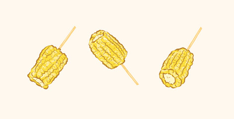 BBQ raw sweet corn with wooden stick in vector flat illustration art design