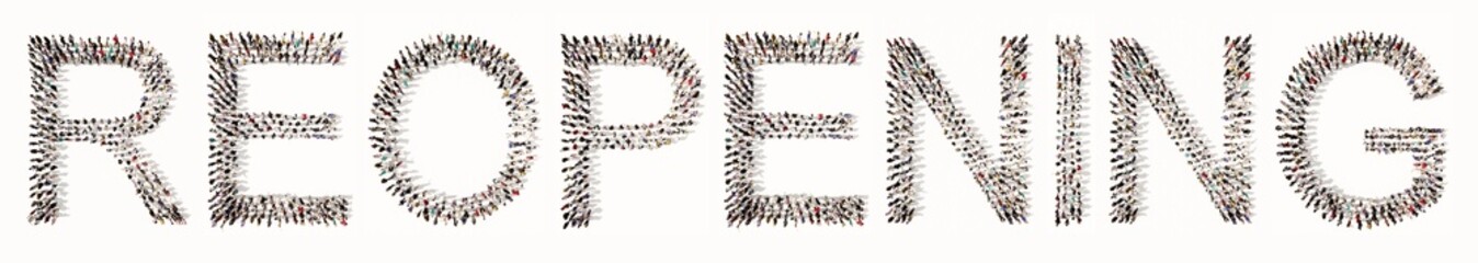 Concept or  conceptual large community of people forming the REOPENING word. 3d illustration metaphor for new normal, vaccination, immunization,  social responsibility and protection