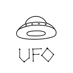 Flying saucer in doodle style. UFO Contour vector drawing. Unidentified spacecraft