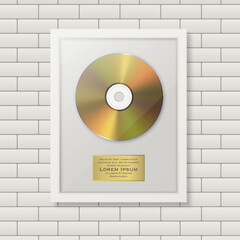 Realistic Vector 3d Golden Yellow CD and Label with White Frame on Brick Wall Background. Single Album Compact Disc Award, Limited Edition. Design Template