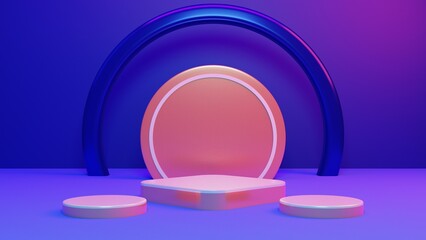 Obraz premium 3d rendering pedestal or podium mockup with retro 80s cyber neon backdrop, empty platform for product showcase, vintage neon illustration.