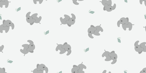 Little cute elephant and leaves doodle pattern