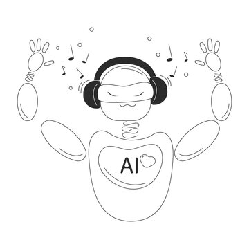 The robot listens to music in headphones. The robot is dancing. Artificial intelligence concept. Future technologies. Smart machine. Vector stock illustration isolated on white background. Copy space.