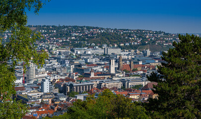 Obraz premium View of downtown Stuttgart (collegiate church) from the tea house in Weißenbergpark. Baden-Württemberg, Germany, Europe