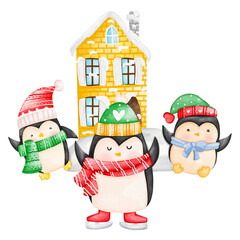 Cute Watercolor Christmas penguin in winter clothing with house, Digital paint watercolor illustration