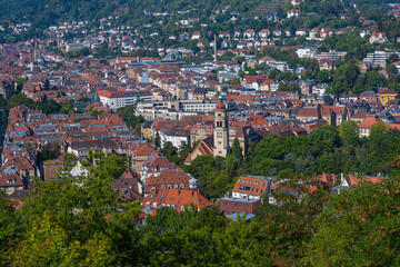View of downtown Stuttgart from the tea house in Weißenbergpark to the Markus Church in the south of the city. Baden-Württemberg, Germany, Europe - obrazy, fototapety, plakaty