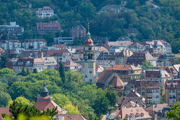 Fototapeta premium View from the Karlshöhe to the Markus Church in the south of the Stuttgart city. Baden-Württemberg, Germany, Europe