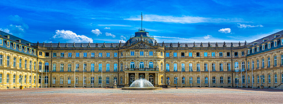 The main portal of the new palace in Stuttgart with fountain and palace square. Baden Wuerttemberg, Germany, Europe.