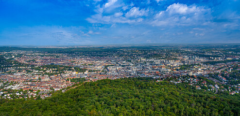Panoramic overview of Stuttgart city seen from the TV tower. Baden-Württemberg, Germany, Europe - obrazy, fototapety, plakaty