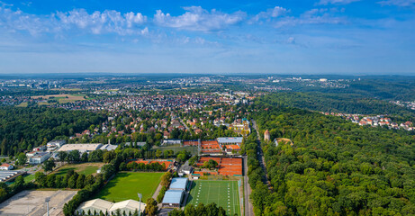 View in summer from the Stuttgart TV tower of Stuttgart Degerloch, Waldau sports grounds with American football field, state capital Stuttgart. Baden-Württemberg, Germany, Europe