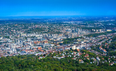 Panoramic overview of Stuttgart city seen from the TV tower. Baden-Württemberg, Germany, Europe
