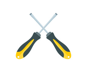 Obraz premium Crossed screwdrivers, Repair tools, setting logo design. Cruciform for repair and construction. Joinery and construction work vector design and illustration. 