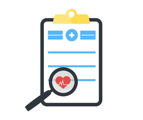 Clipboard with medical document and magnifying glass logo design. Heartbeat pulse. Document for patient health check in hospital or clinic vector design and illustration.
