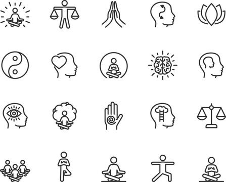 Vector Set Of Meditation Line Icons. Contains Icons Mindfulness, Balance, Inner Peace, Self-knowledge, Group Meditation, Inner Concentration, Spiritual Practice And More. Pixel Perfect.