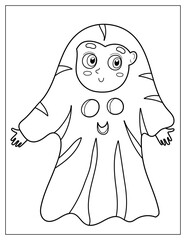 Halloween coloring page with a kid in a ghost costume. Spooky print in cartoon style for coloring book. Vector illustration