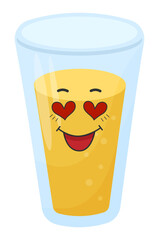 Sticker funny juice in glass with kawaii emotions. Kawaii faces. Illustration without background