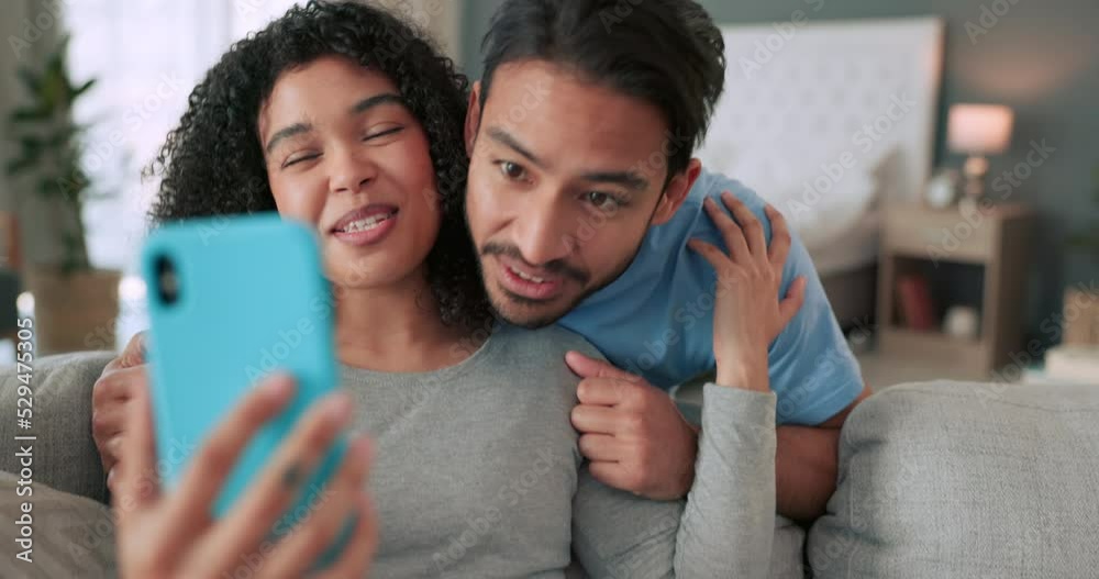 Poster happy couple on a phone video call or selfie on a social network app via internet for virtual commun