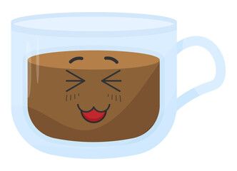 Sticker funny coffee mug with kawaii emotions. Kawaii faces.Cartoon illustration without background
