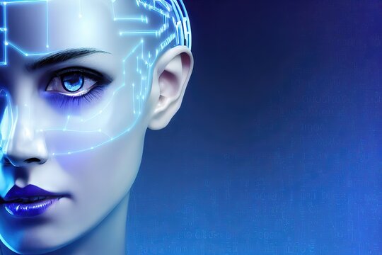 Robot female humanoid face skull technological cyborg head. AI or artificial intelligence in form of a robot, Humanoid face of mechanical cyborg with electronic brain or mind. 3d artwork