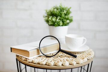 book, magnifying glass, house plant and cup of coffee