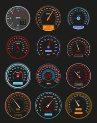 Speedometers glowing transport speed limit control dashboard set vector illustration