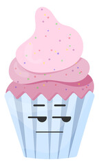 Sticker funny cartoon cupcake with kawaii emotions. Kawaii faces. Cute cartoon illustration without background