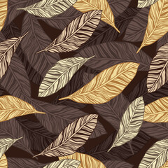 Seamless vintage pattern with brown and green leaves on a dark background.