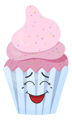 Sticker funny cartoon cupcake with kawaii emotions. Kawaii faces. Cute cartoon illustration without background