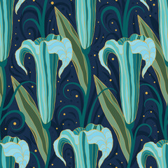 Seamless abstract pattern with tropical flowers in blue and green tones.