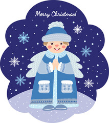 Christmas vector illustration with an angel on a blue background with snowflakes.
