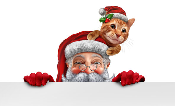 Santa Claus Holding A Banner With A Cute Christmas Cat As A Festive Winter Celebration With Pets As A Fun Holiday Season Symbol 