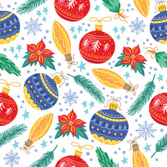 Christmas seamless pattern with toys. fir branches, snowflakes, balloons.