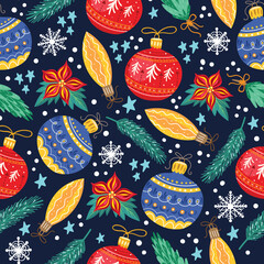 Christmas seamless pattern with toys. fir branches, snowflakes, balloons.