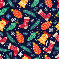 Christmas seamless pattern with toys. fir branches, snowflakes, balloons.