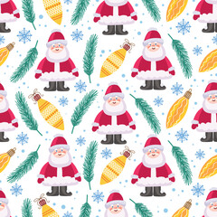 Christmas seamless pattern with toys, santa, fir branches, snowflakes, balloons.
