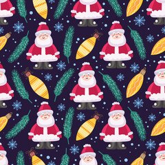 Christmas seamless pattern with toys. fir branches, snowflakes, balloons.