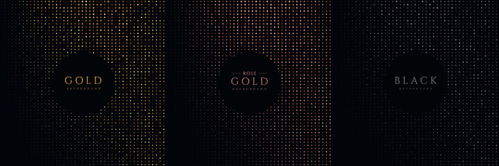 Set of glowing golden, silver, pink gold dots glitter light on black background. Collection of luxury and elegant halftone pattern with copy space. Vector design for cover template, banner, print ad.