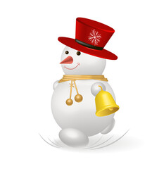 3d image of a cute snowman. Illustration of a snowman with a bell. Vector image.