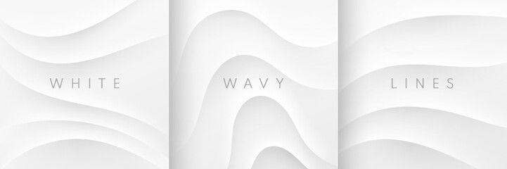 Set of abstract 3D waves ripples pattern on white background. Curve topography contour lines texture with light and shadow. Use for banners, web, brochure, cover, poster, print ad., etc. Vector EPS10.