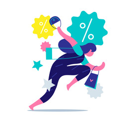 Giovane donna che corre con le borse per approfittare dei saldi