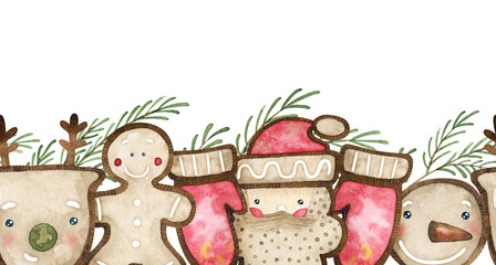 Watercolor Christmas seamless border with gignerbread, winter grenery.  Reapeatable frame with Santa, deer, snowman, fir-tree