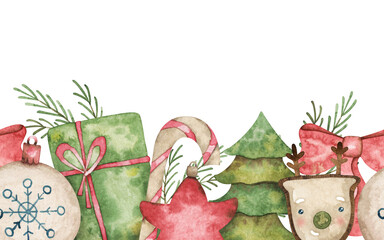 Holiday seamless border with gift, pine, deer, Christmas tree. Cute repeatable frame with festive elements