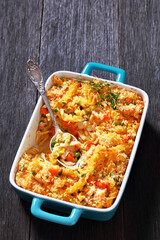 Chicken Pot Pie Fusilli pasta Bake in baking dish
