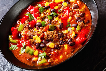 taco soup of ground beef, corn, beans and veggies