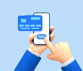 3D cartoon businessman hand hold smartphone with blue credit card on the screen and push pay button. Online payment concept. Vector 3d illustration..